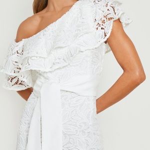 CROCHET LACE ASYMMETRIC FRILL MIDI DRESS